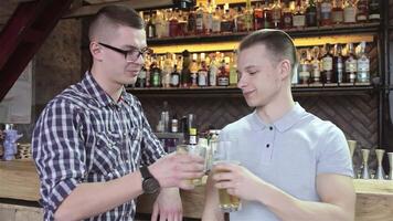 Two friends clink glasses at a lively bar video
