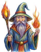 Cartoon Style Magical Wizard Casting Fire Transparent Background png