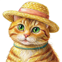 Smiling Tabby Cat in Summer Hat on Transparent png