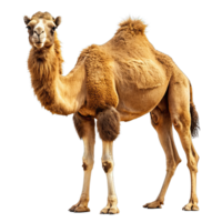 A single camel with thick brown fur stands with legs spread apart looking directly at the camera png