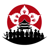 Silhouettes of people standing in front of a pagoda with a stylized red sun and white flower inspired by the Japanese flag in the background. png