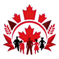 A creative Canadian flag design with a bold red maple leaf and a circle of diverse silhouettes. png