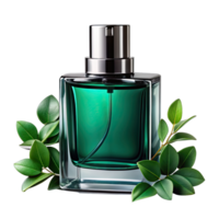 Elegant green perfume bottle with a silver cap, adorned with a delicate sprig of leaves. png