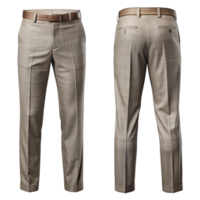 Front and back view of men's formal pants in tan plaid pattern with classic fit and belt loop waistband png
