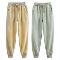 A pair of yellow sweatpants and a pair of green sweatpants displayed with elastic waistband and drawstring png