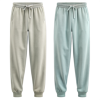Pairs of casual sweatpants, light grey on the left and light blue on the right, with drawstring waistbands and relaxed fit. png