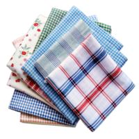 Stack of patterned handkerchiefs floral, plaid, and checkered in assorted colors. png