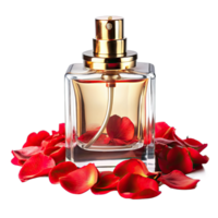Luxurious glass perfume bottle with a gold sprayer and clear liquid, nestled among red rose petals. png