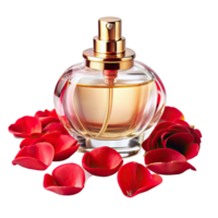 Clear glass perfume bottle with gold atomizer, artfully framed by scattered red rose petals. png