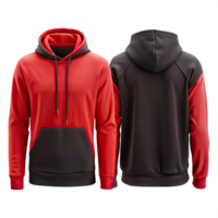 Red and black hooded sweatshirt mockup showing both front and back with kangaroo pocket and drawstring hood png