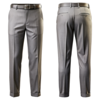 Pair of formal men's gray dress pants displayed showing both front and back views png