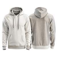 White and grey hooded sweatshirt mockup showing both front and back views with kangaroo pocket and drawstring hood png