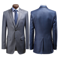 A photo displaying two business suits, one gray and one blue, showing both front and back views png