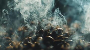 Macro shot of steaming roasted coffee beans, showcasing the rich aroma and texture. photo