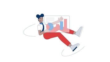 Black female professional floating with dashboard 2D character animation. African american woman analyst interacting with data charts animated person cartoon 4K isolated on white transparent video