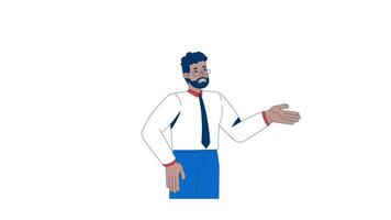 African american businessman in presentation gesture 2D character animation. Glasses bearded male professional presenter explaining animated person cartoon 4K isolated on white transparent video