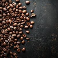 Overhead view of freshly roasted coffee beans scattered on a rough, dark surface. photo