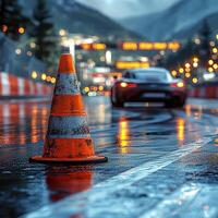 A rain-soaked road scene features a traffic cone with a blurred sports car in motion during the evening. photo