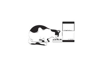 gato cariñosamente comiendo desde automático alimentador contorno 2d personaje garabatear animación. inteligente mascota cuidado. alimentación automatización. iot dispositivo felino animado animal aislado en blanco. lineal dibujo 4k video