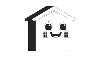 feliz casa com sorridente face esboço 2d personagem rabisco animação. amigáveis habitação. casa construção com alegre personalidade animado personagem isolado em branco. linear desenhando 4k video