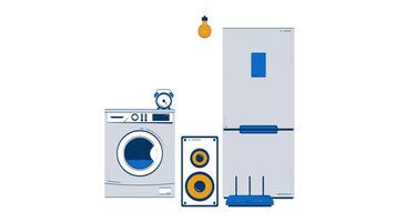 Modern home appliances doodle cartoon animation. Refrigerator, washing machine, speaker, Wi-Fi router, alarm clock, light bulb animated 2D objects isolated on white background. 4K motion graphic video