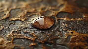 Golden water droplet on dark textured surface. Minimalist macro photography photo