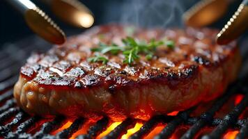 Juicy Ribeye Steak Being Grilled with Tongs photo