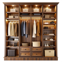 Modern wardrobe with wood veneer finish, built-in shelves, and interior lighting for a sleek organized look. png