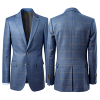 Close-up of a blue plaid business suit jacket showcasing front and back views with tailored details and subtle grid pattern png