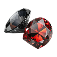 Close up of two gemstones, a black diamond and a red ruby. png