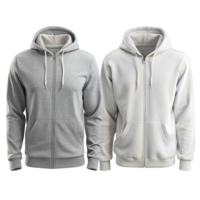 Plain zippered hoodies, one grey and one white, isolated without background, perfect for customization png