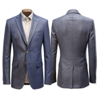 Single-breasted blue suit jacket shown from front and back with notch lapel, two buttons, and single vent in back png
