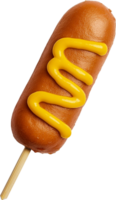 A hot dog on a stick with yellow sauce png