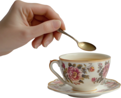 A person's hand holding a spoon over a cup of tea png