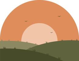 Sunset over rolling hills with birds design art vector