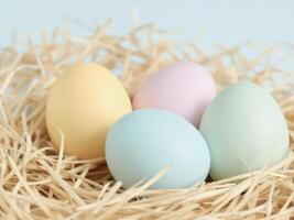 Four eggs are sitting on a straw bed photo