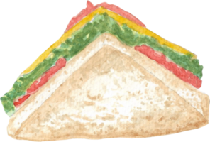 Sandwich with pork and salad and cheese and tomato that is drawn and painted by hand in watercolor fine art style png
