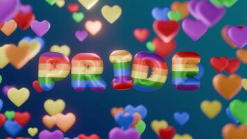 Cute Pride month 3d text and colorful heart shape background video