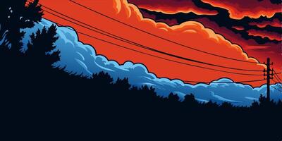 Sunset Sky, Trees, Power Lines vector