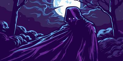 Mysterious Figure in Hooded Cloak at Night vector