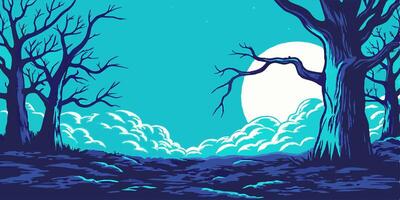 Spooky Night Scene Trees, Moon, Clouds vector