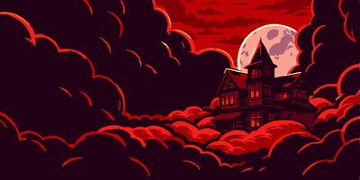 Haunted House in Red Clouds, Full Moon vector