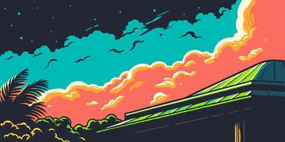 Sunset Sky over Building, Palm Trees vector