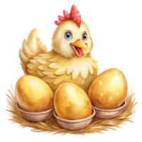 A chicken sitting in a nest with eggs png