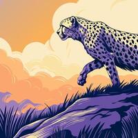 Cheetah Running on Hilltop at Sunset vector