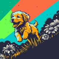 Happy Puppy Running in Flowers vector