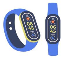 Smartwatch icon set. Universal Hand watch with oval screen and color strap. Trendy Digital watch with activity icon and pulse. Fitness tracker to measure heart rate and daily steps. vector