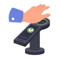 Palm payment. Hand payment system. Man holds hand above palm payment scanner. Contactless biometric authentication. Digital transactions secure concept. Smart and Futuristic technology. vector