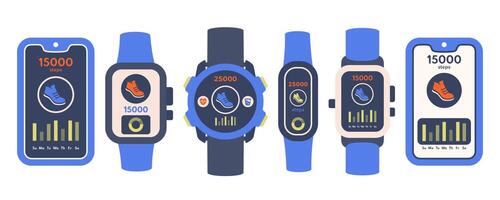 Step tracking. Set of Smartphone and Smart watch with pedometer app. Step counter on digital elements. Smartphone screen with Activity tracker icon. Notification. Wellness and healthy concept. vector