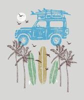 Illustration of a composition with a car silhouette, coconut trees and surfboards. Art alluding to an adventure trip. vector